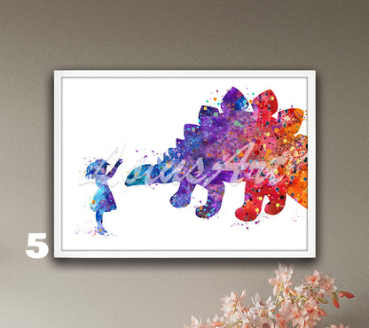 Girl and Stegosaurus Dinosaur Watercolor Print – Kids Room Decor & Nursery Wall Art