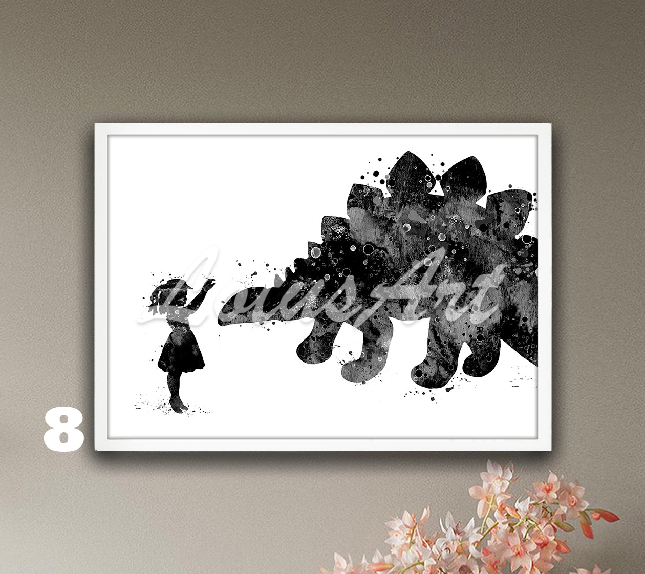 Girl and Stegosaurus Dinosaur Watercolor Print – Kids Room Decor & Nursery Wall Art