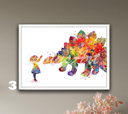 Girl and Stegosaurus Dinosaur Watercolor Print – Kids Room Decor & Nursery Wall Art
