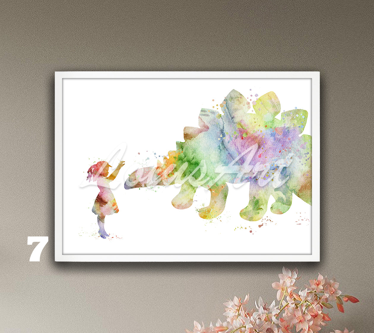 Girl and Stegosaurus Dinosaur Watercolor Print – Kids Room Decor & Nursery Wall Art