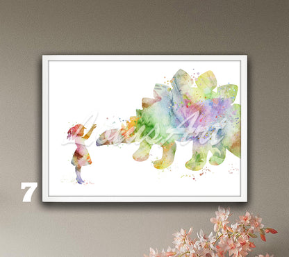 Girl and Stegosaurus Dinosaur Watercolor Print – Kids Room Decor & Nursery Wall Art