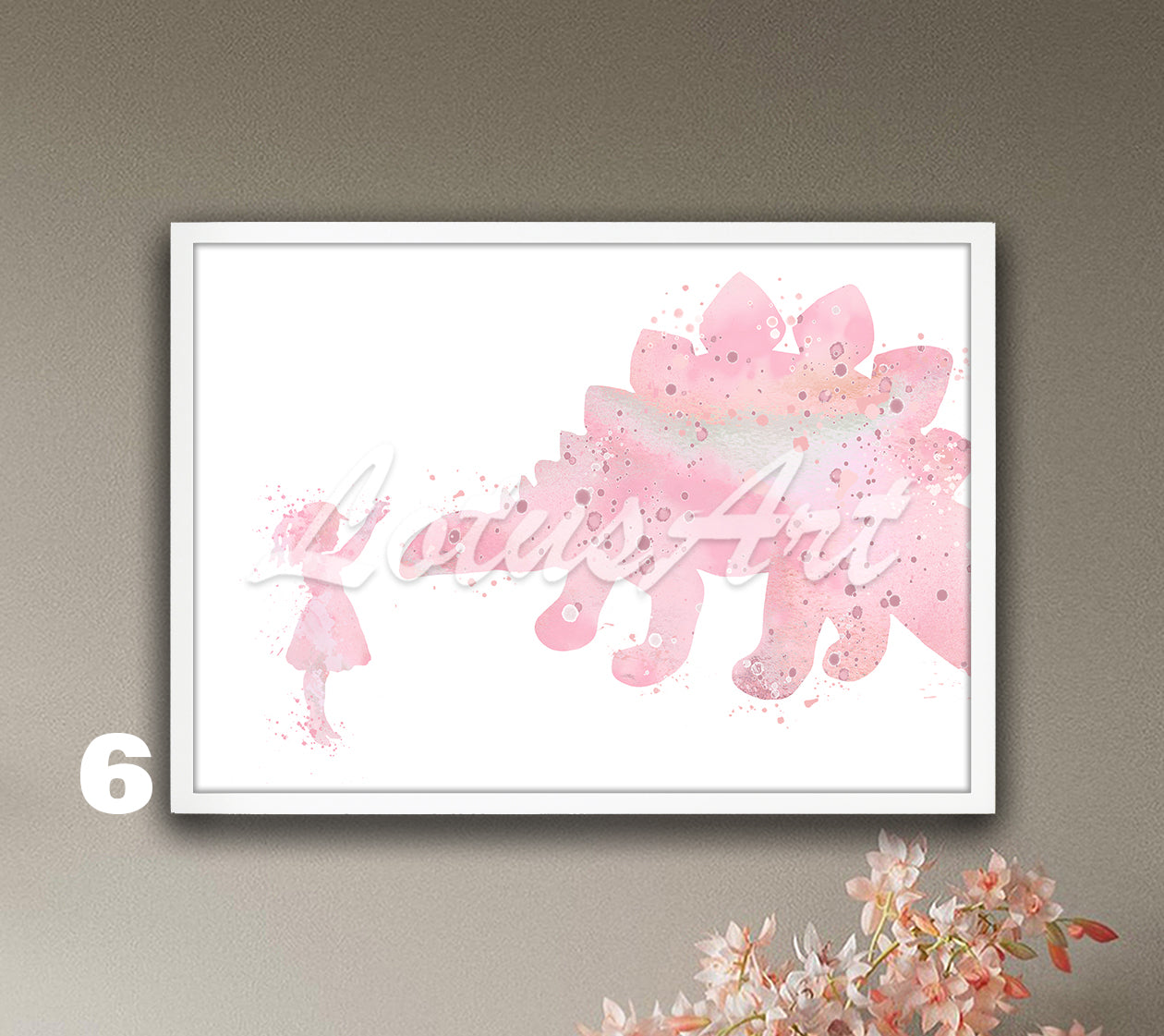 Girl and Stegosaurus Dinosaur Watercolor Print – Kids Room Decor & Nursery Wall Art