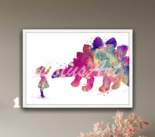 Girl and Stegosaurus Dinosaur Watercolor Print – Kids Room Decor & Nursery Wall Art