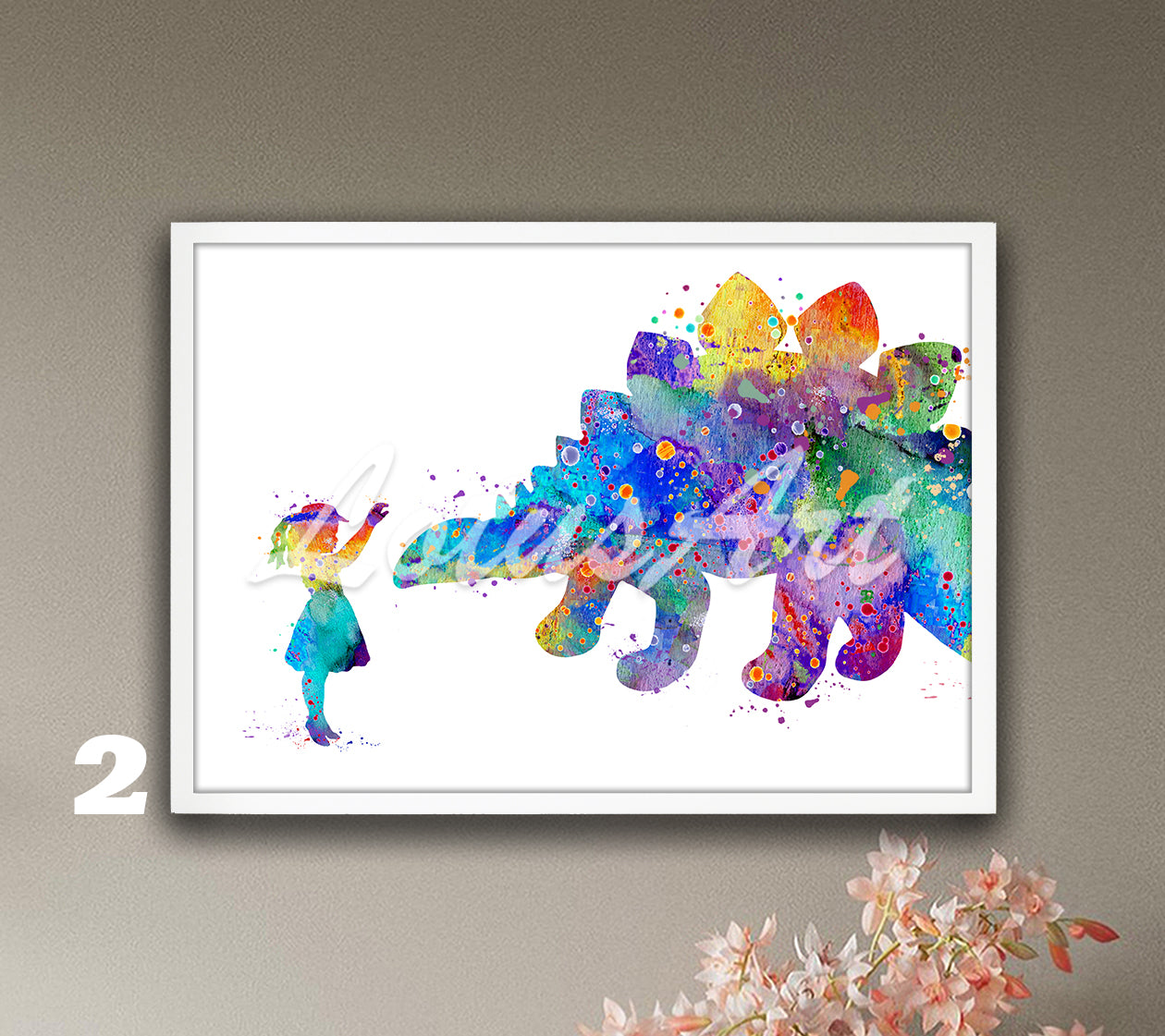 Girl and Stegosaurus Dinosaur Watercolor Print – Kids Room Decor & Nursery Wall Art