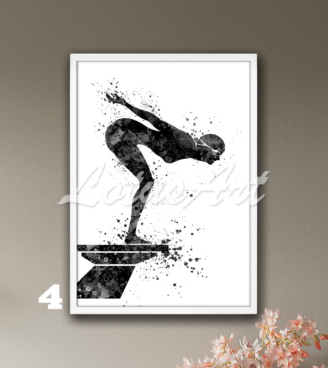 Girl swimmer watercolor art in black tones - minimalist swimming sports decor