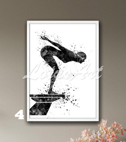 Girl swimmer watercolor art in black tones - minimalist swimming sports decor