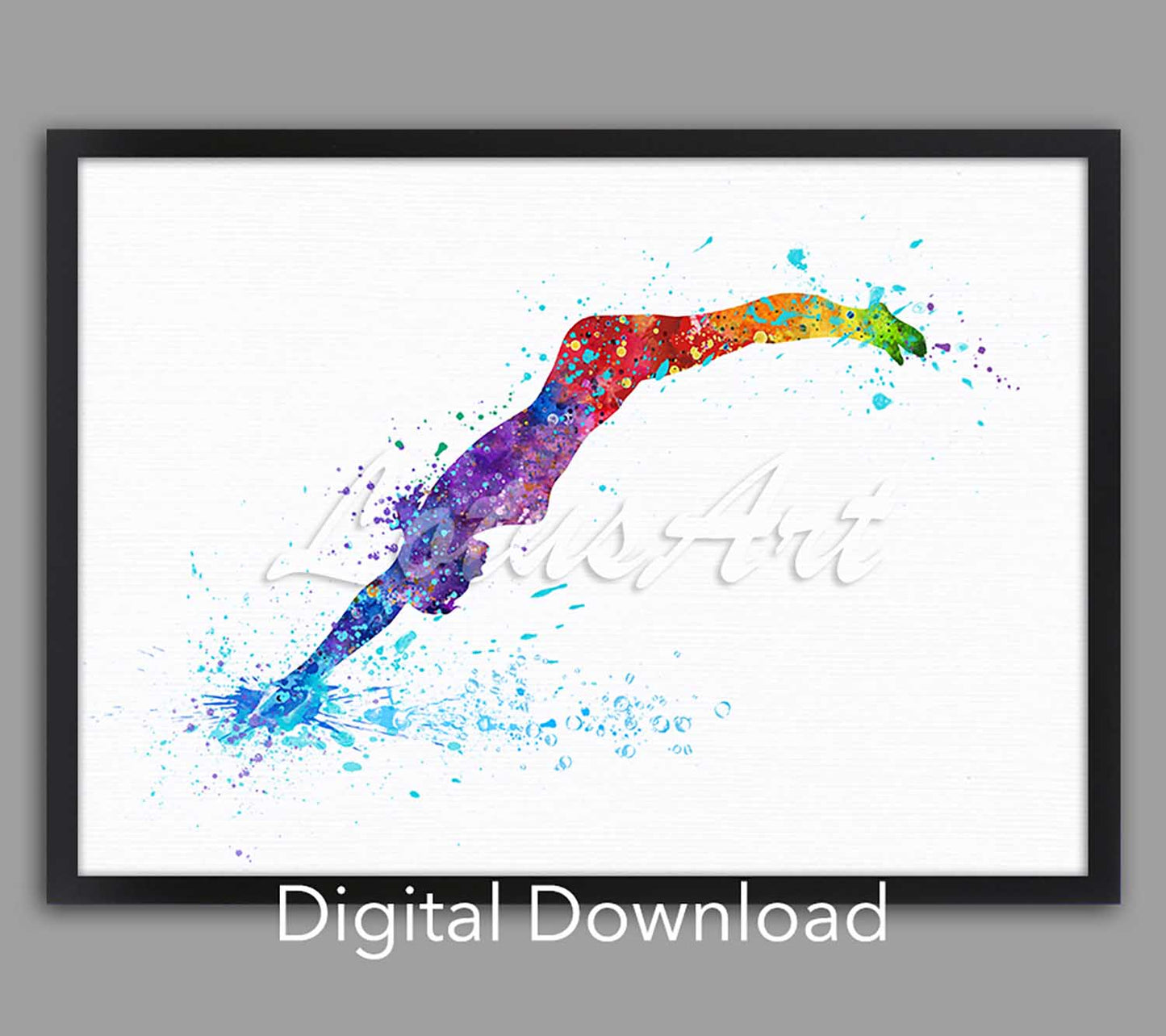 Girl swimmer diving watercolor painting in rainbow, sports wall art, instant digital download for girls room & swimming decor