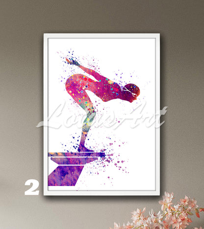 Girl swimmer watercolor sports wall art - colorful swimming room decor
