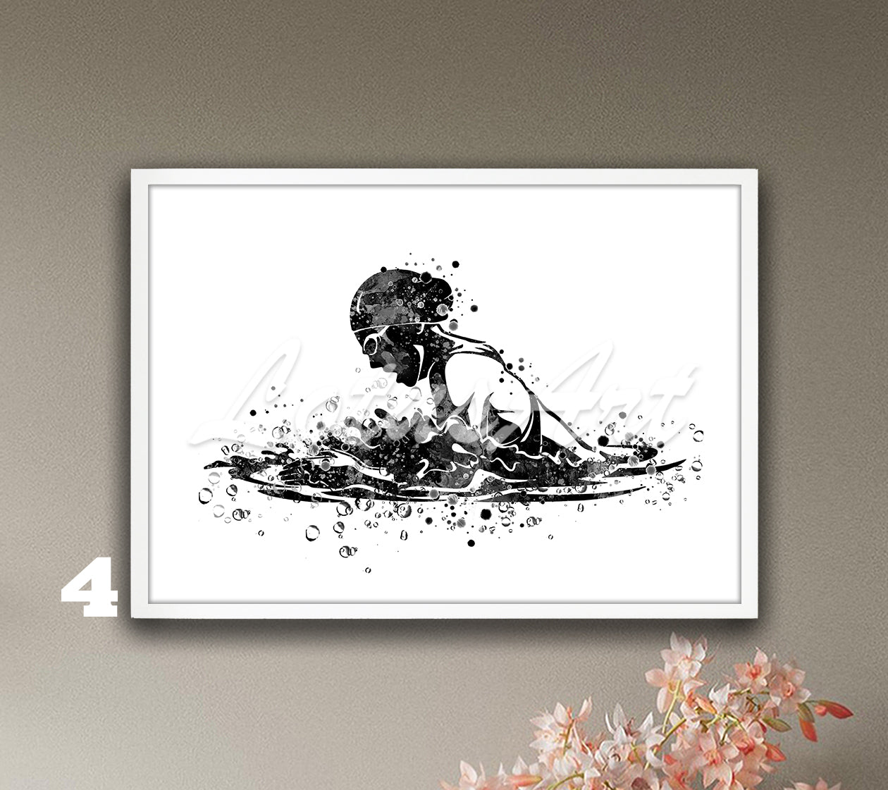 Girl swimming breaststroke watercolor sports art in black-white tones - minimalist kids room decor