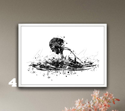 Girl swimming breaststroke watercolor sports art in black-white tones - minimalist kids room decor