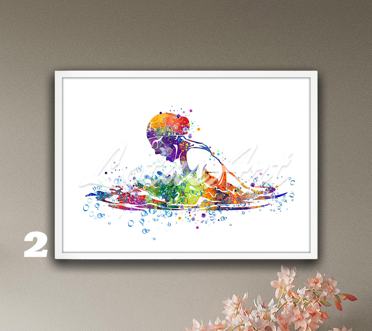 Girl swimming breaststroke watercolor sports art in vibrant multi-colors - kids room poster