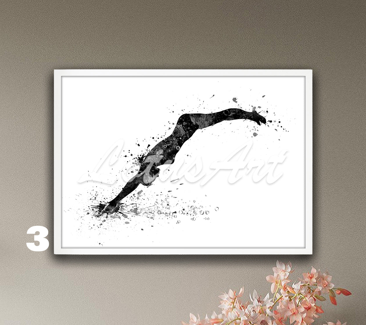 Girl swimming sports art print in black and white - watercolor wall decor
