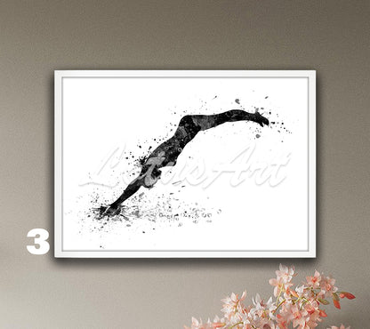 Girl swimming sports art print in black and white - watercolor wall decor
