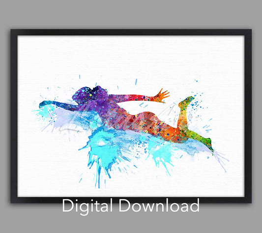 Girl swimming watercolor sports print in rainbow tones, swimmer artwork, instant digital download for girls room decor