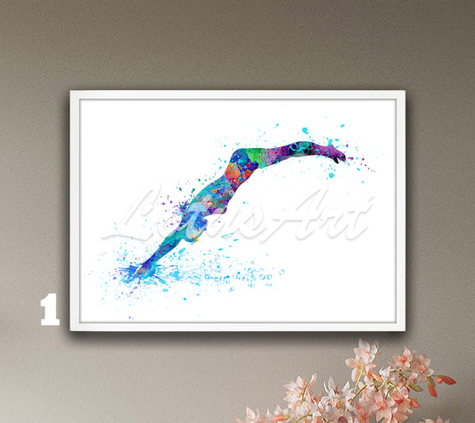 Girl swimmer watercolor art print - multicolor swimming wall decor for sports enthusiasts