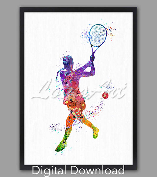 Girl tennis player watercolor art print, colorful rainbow illustration with racket, sports decor & gift, digital download
