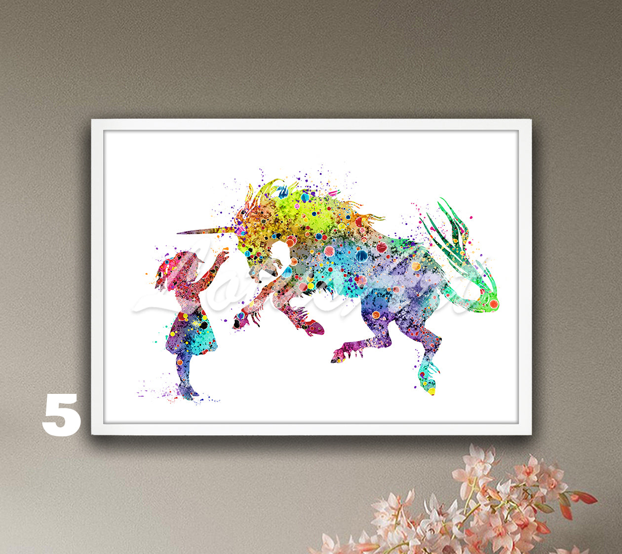 Girl & Unicorn Watercolor Art Print, Fantasy Animals Nursery, Kids Room Wall Decor