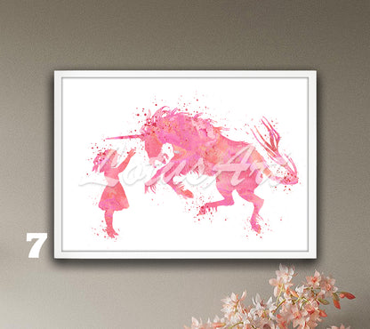 Girl & Unicorn Watercolor Art Print, Fantasy Animals Nursery, Kids Room Wall Decor