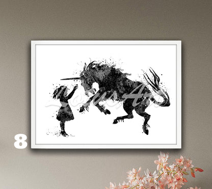 Girl & Unicorn Watercolor Art Print, Fantasy Animals Nursery, Kids Room Wall Decor