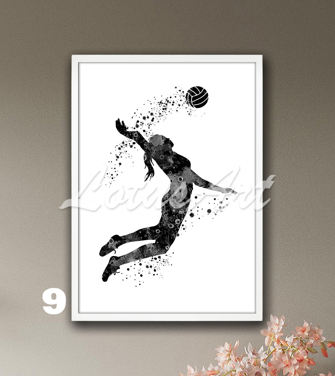 Girl volleyball watercolor sports art in black tones - minimalist kids room wall decor