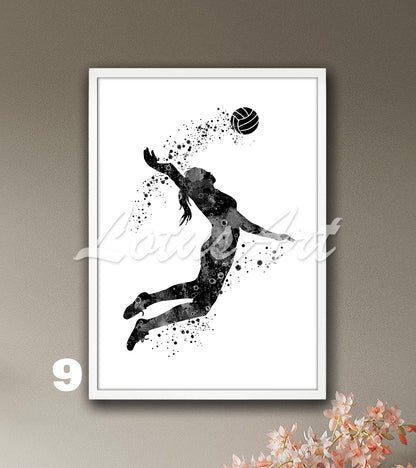 Girl volleyball watercolor sports art in black tones - minimalist kids room wall decor