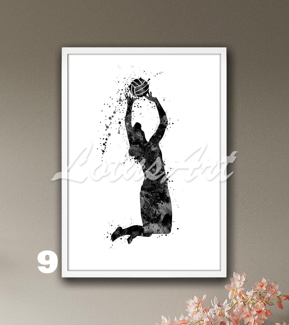 Girl volleyball watercolor sports wall art in black and white - minimalist kids room decor