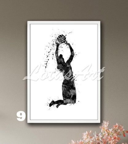 Girl volleyball watercolor sports wall art in black and white - minimalist kids room decor