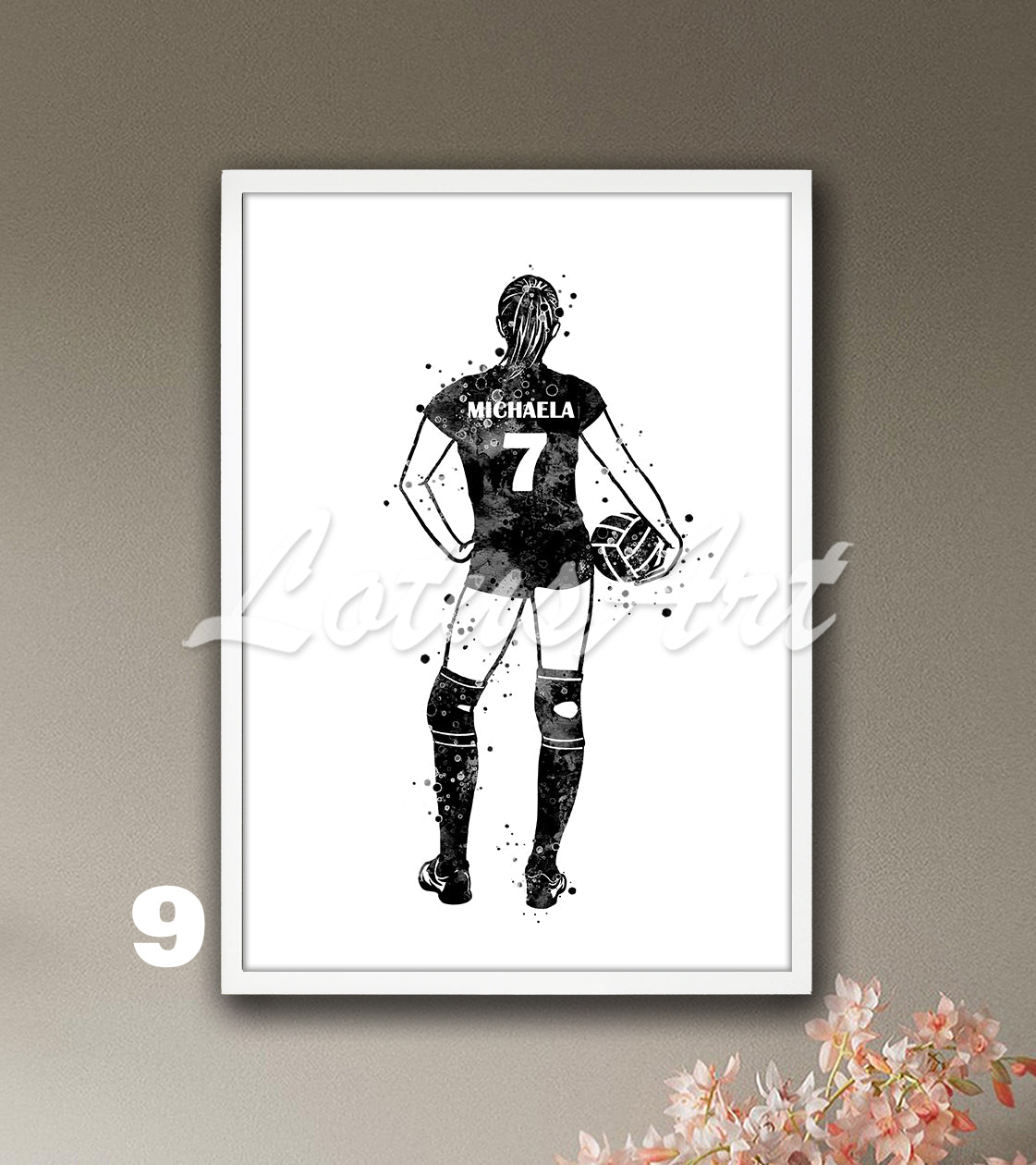 Personalized sports art print depicting a girl volleyball – watercolor painting with custom name and jersey number.