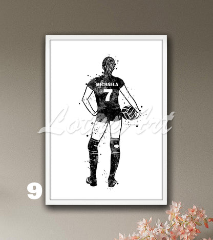 Personalized sports art print depicting a girl volleyball – watercolor painting with custom name and jersey number.