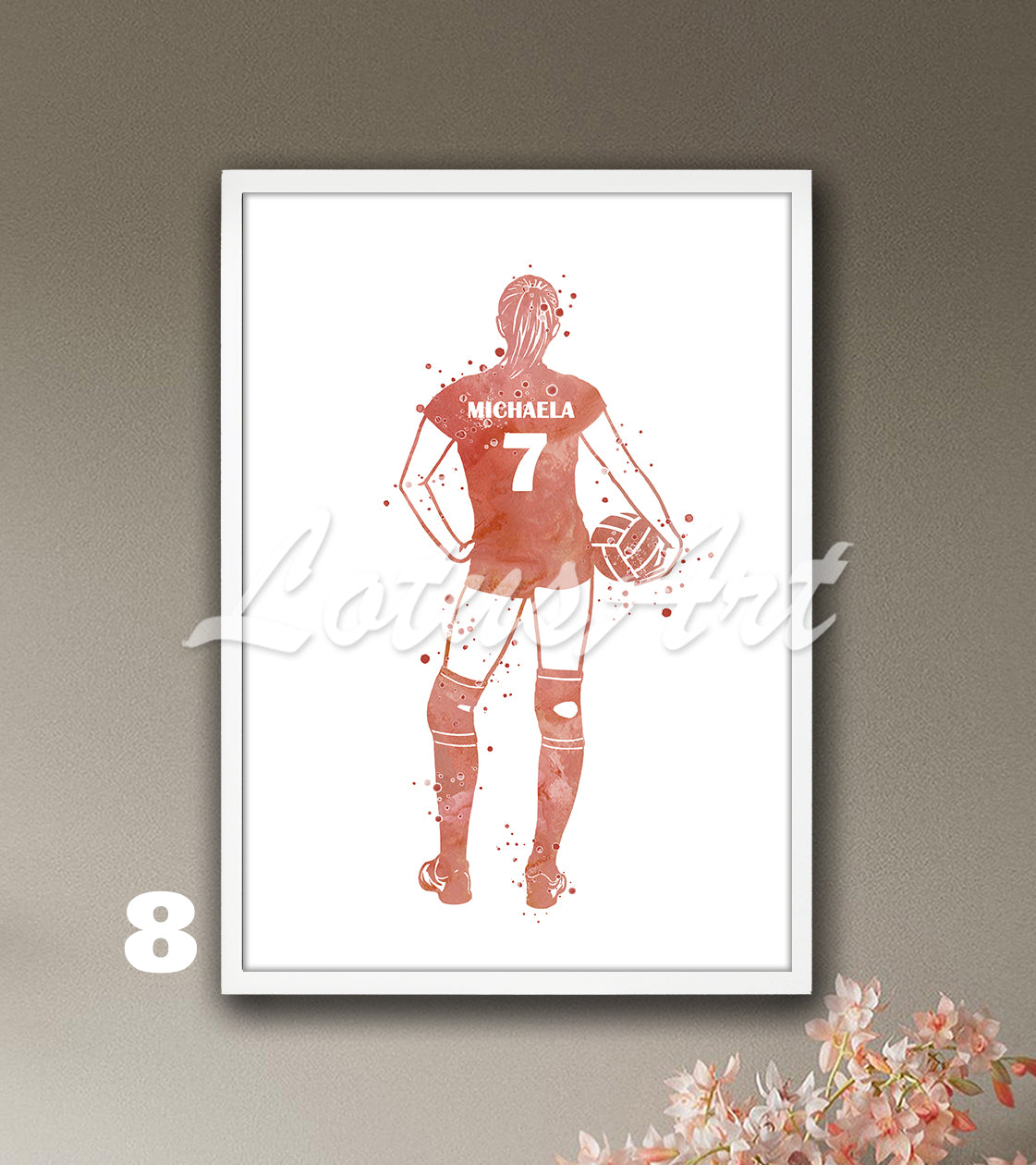 Personalized sports art print depicting a girl volleyball – watercolor painting with custom name and jersey number.