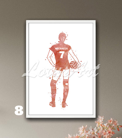 Personalized sports art print depicting a girl volleyball – watercolor painting with custom name and jersey number.