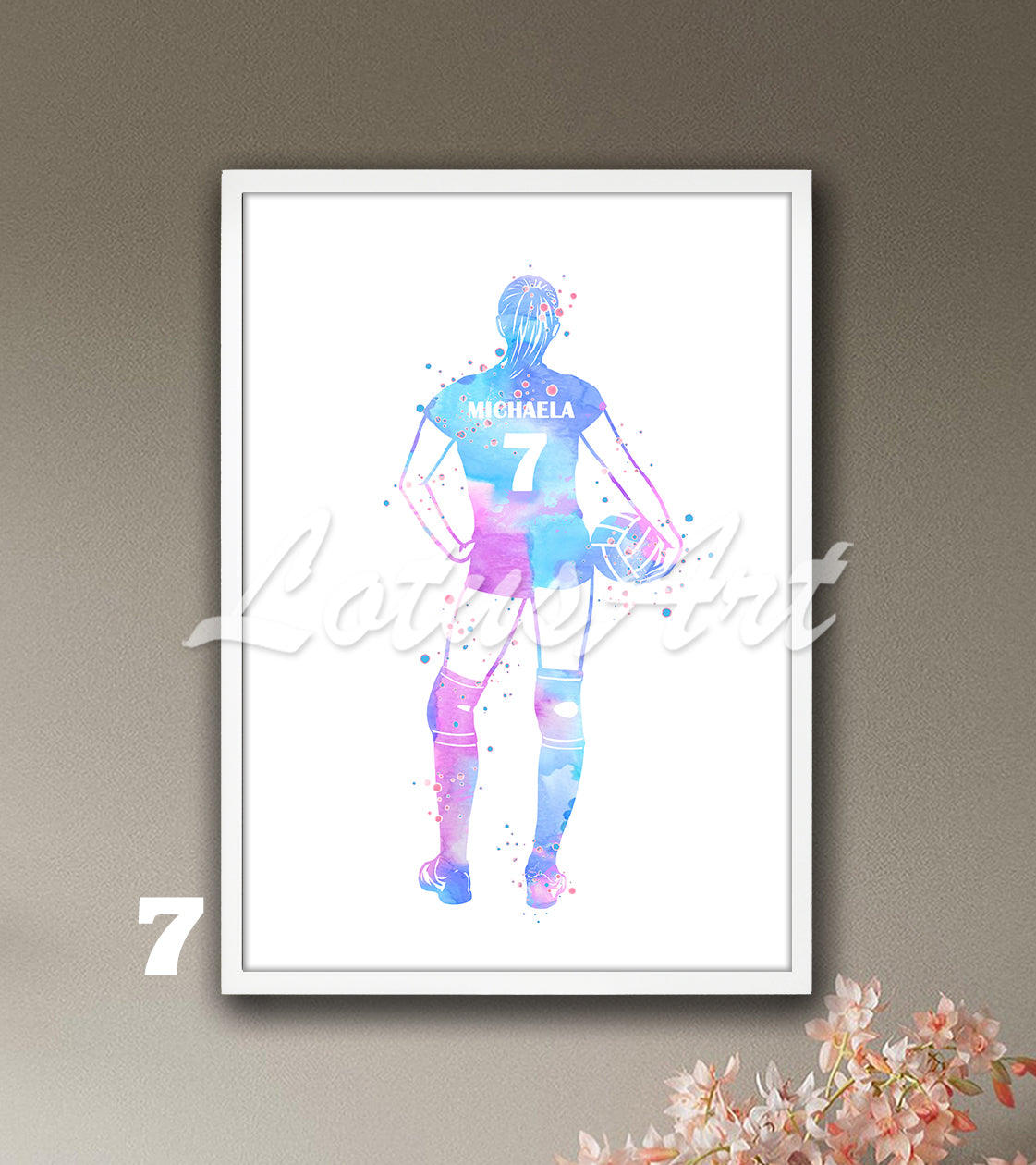 Personalized sports art print depicting a girl volleyball – watercolor painting with custom name and jersey number.