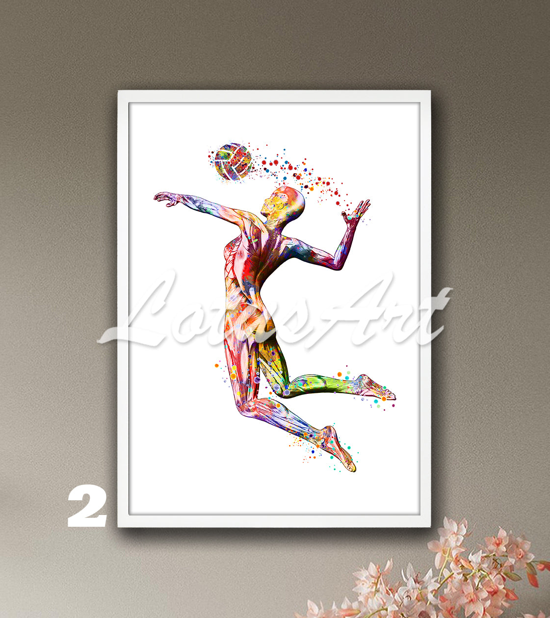 Body muscles anatomy art of a volleyball girl in action, watercolor print in multicolor, sports medical poster.