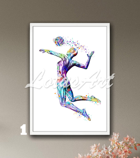 Watercolor print with body muscles anatomy art of a volleyball girl in action, multicolor sports medical decor.