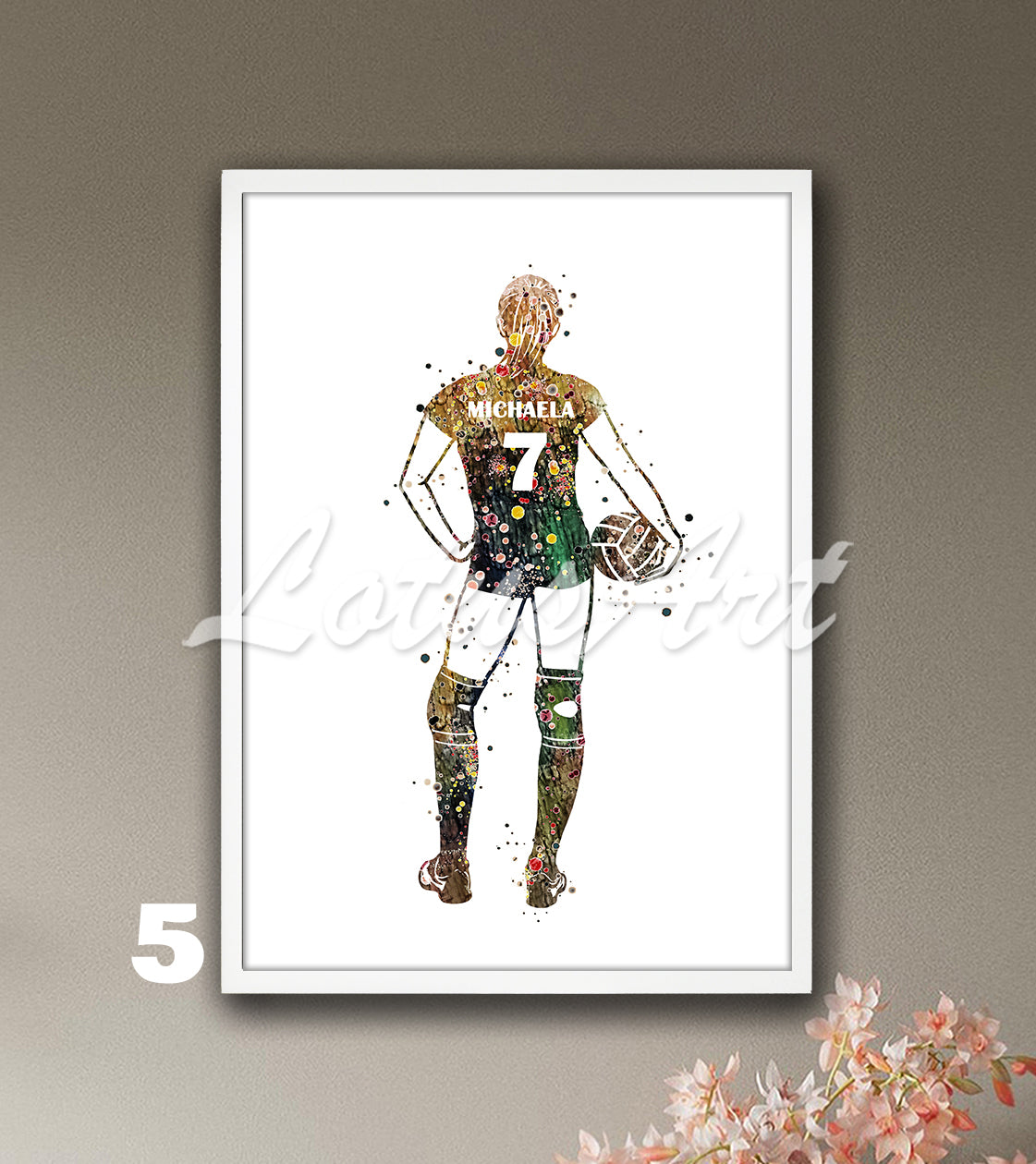 Personalized sports art print depicting a girl volleyball – watercolor painting with custom name and jersey number.