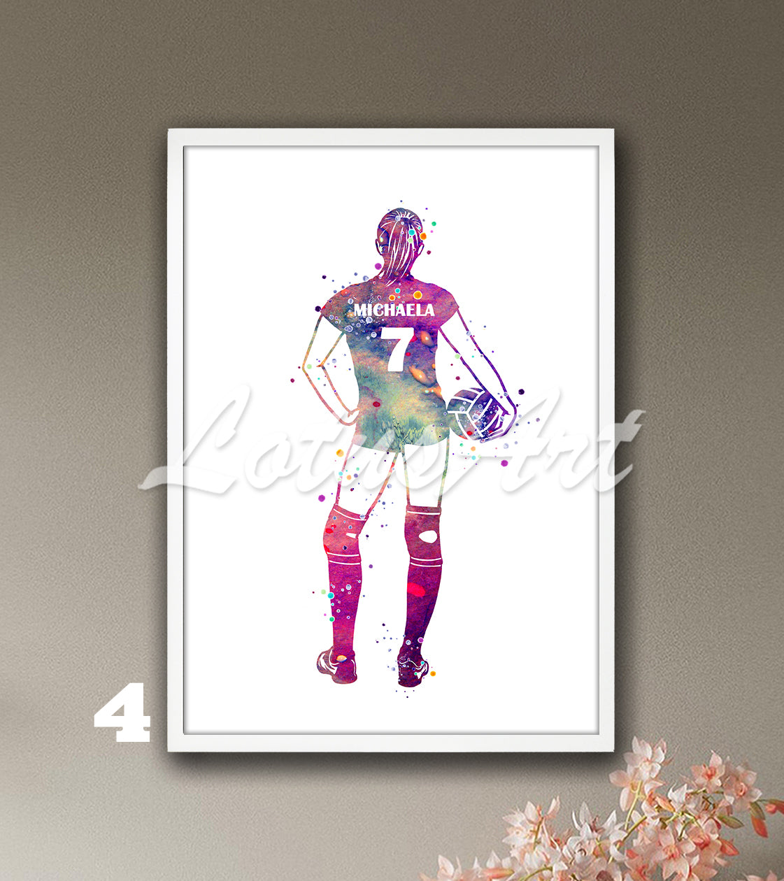 Personalized sports art print depicting a girl volleyball – watercolor painting with custom name and jersey number.