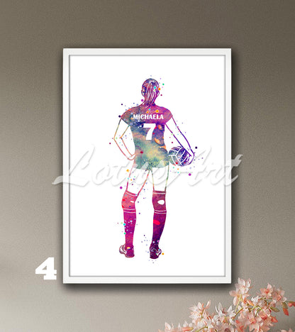 Personalized sports art print depicting a girl volleyball – watercolor painting with custom name and jersey number.