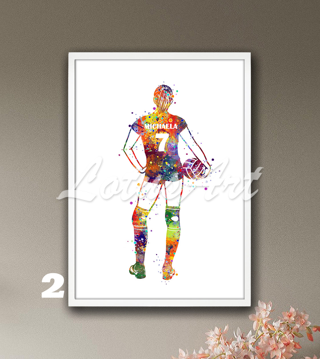 Personalized sports art print depicting a girl volleyball – watercolor painting with custom name and jersey number.