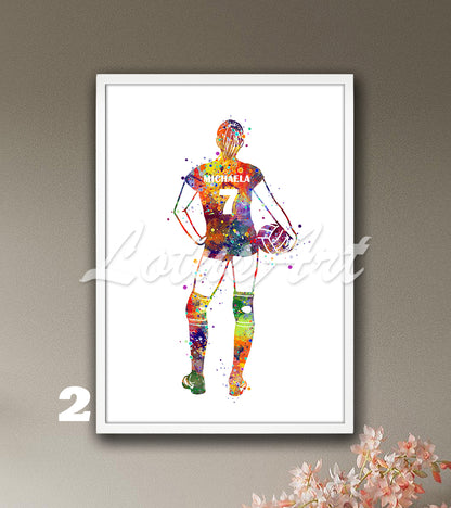 Personalized sports art print depicting a girl volleyball – watercolor painting with custom name and jersey number.