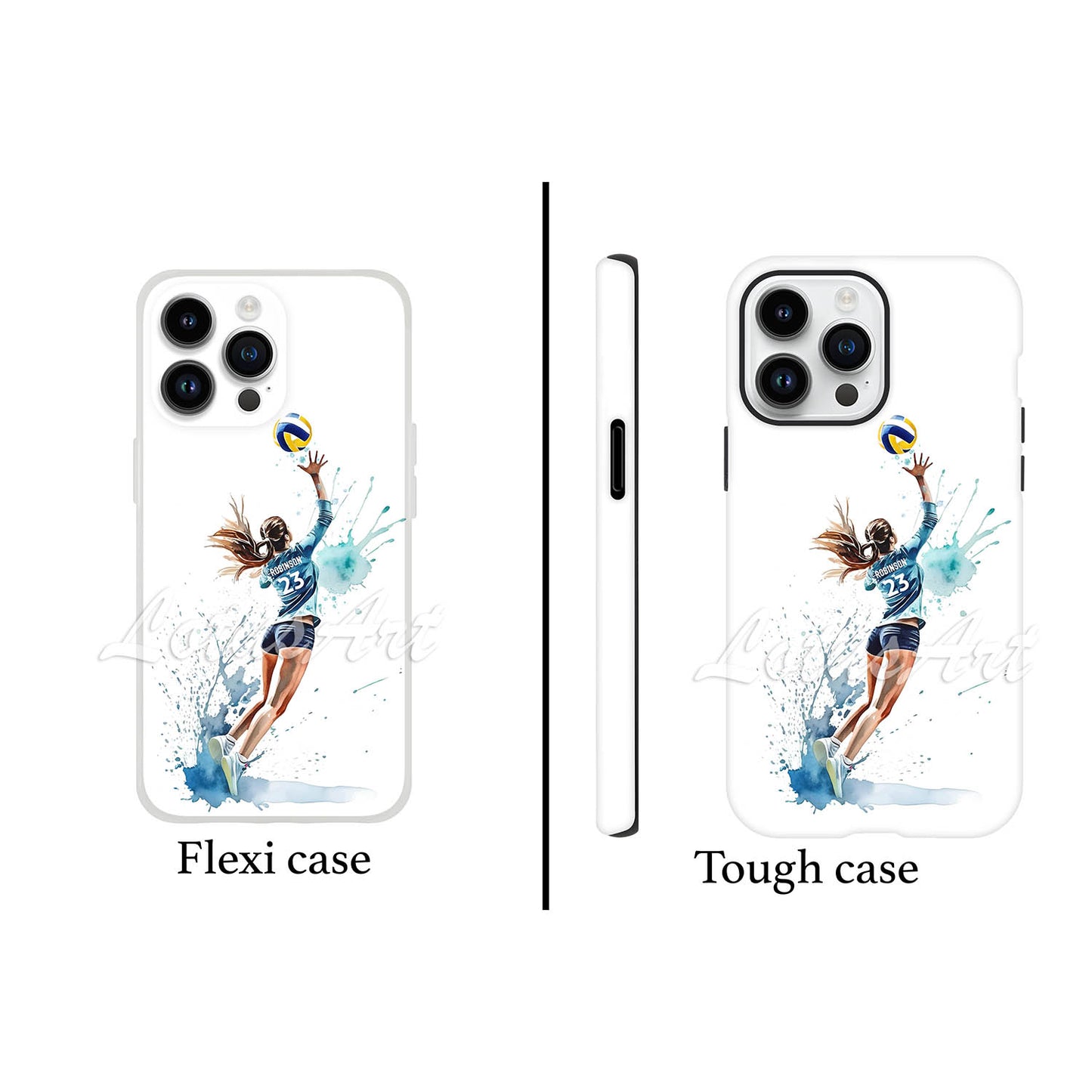Girl volleyball personalized sports phone case dynamic watercolor art, custom name & number, flexi & tough case front view