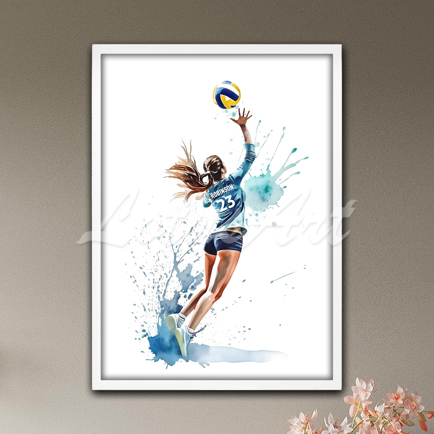 Personalized sports art print depicting a girl volleyball – watercolor painting with custom name and jersey number.
