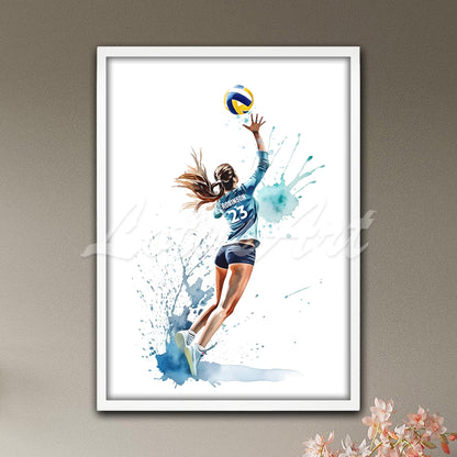 Personalized sports art print depicting a girl volleyball – watercolor painting with custom name and jersey number.