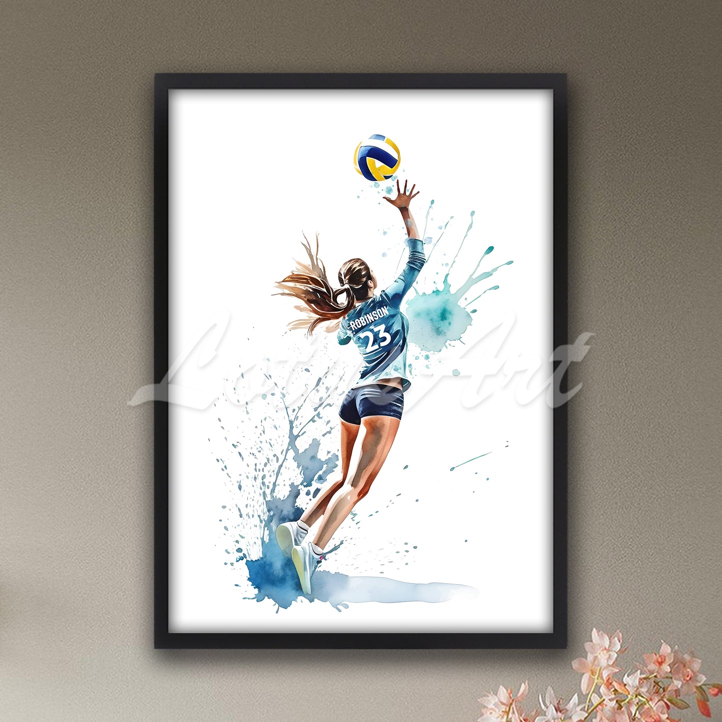 Personalized sports art print depicting a girl volleyball – watercolor painting with custom name and jersey number.