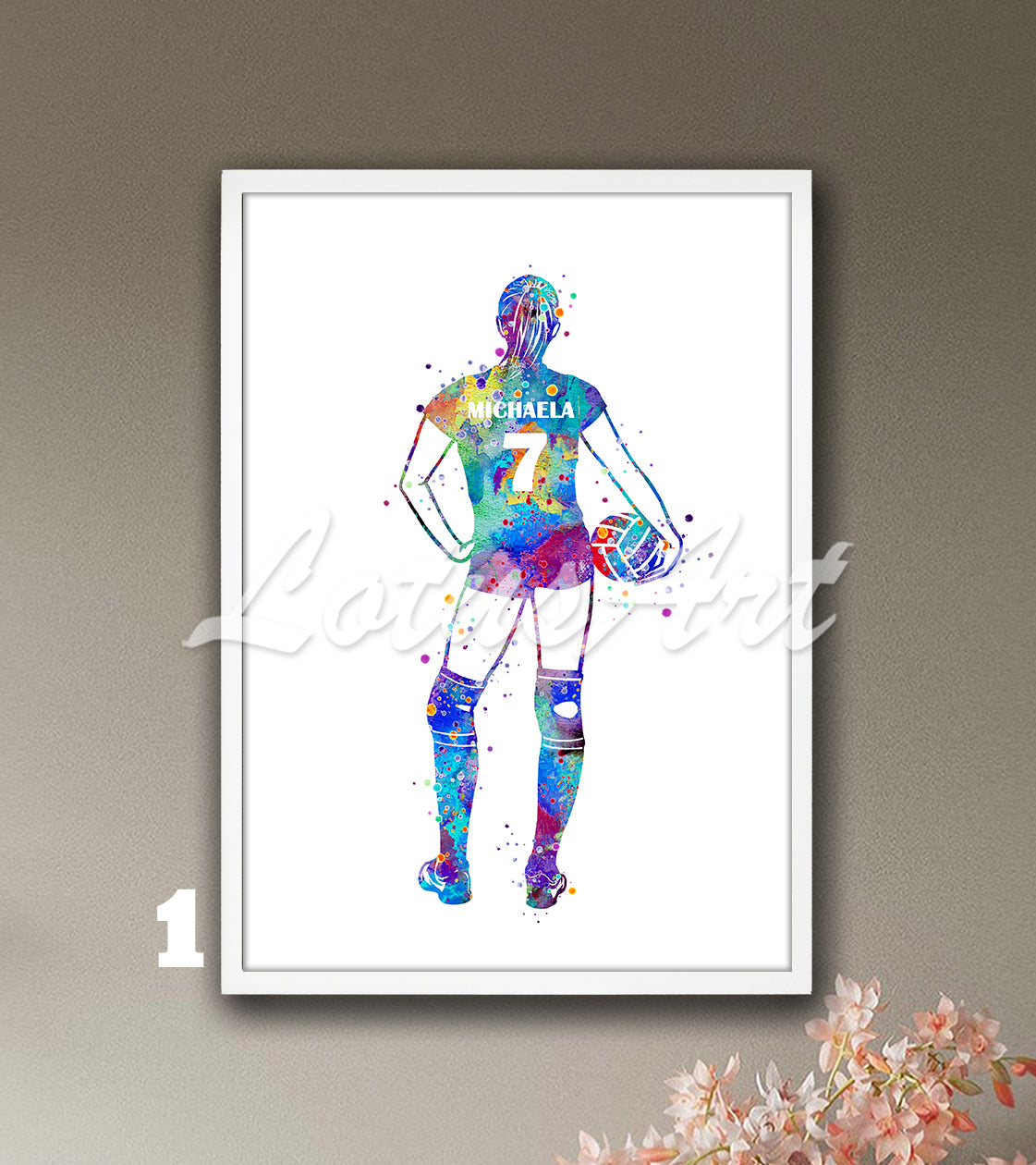 Personalized sports art print depicting a girl volleyball – watercolor painting with custom name and jersey number.