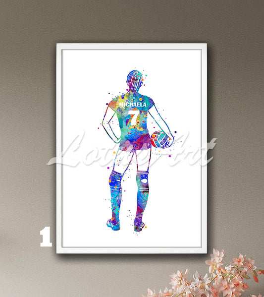 Personalized sports art print depicting a girl volleyball – watercolor painting with custom name and jersey number.