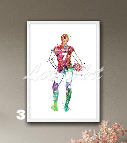 Personalized sports art print depicting a girl volleyball – watercolor painting with custom name and jersey number.