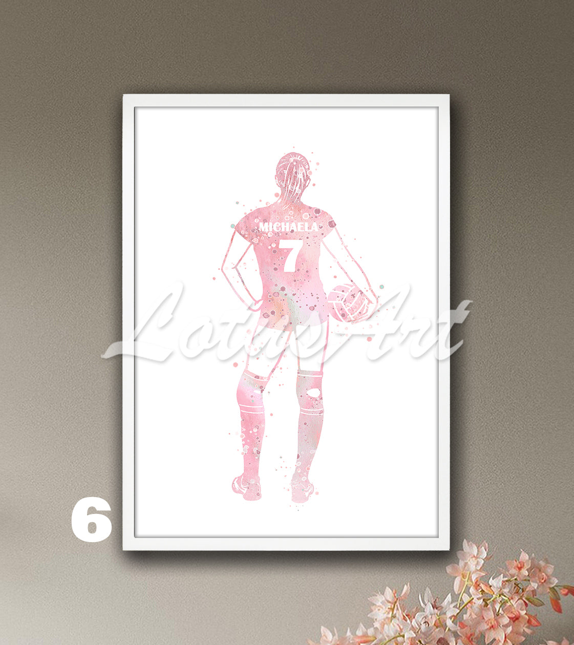 Personalized sports art print depicting a girl volleyball – watercolor painting with custom name and jersey number.