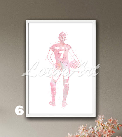Personalized sports art print depicting a girl volleyball – watercolor painting with custom name and jersey number.