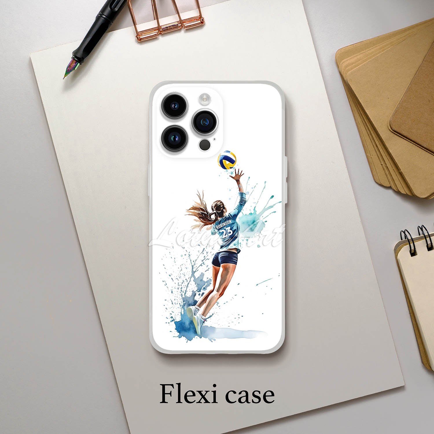 Girl volleyball personalized sports phone case dynamic watercolor art, custom name & jersey number, flexi case lifestyle