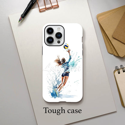 Girl volleyball personalized sports phone case dynamic watercolor art, custom name & jersey number, tough case lifestyle